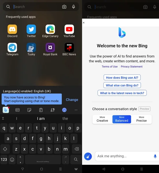 روبوت الدردشة Bing على SwiftKey